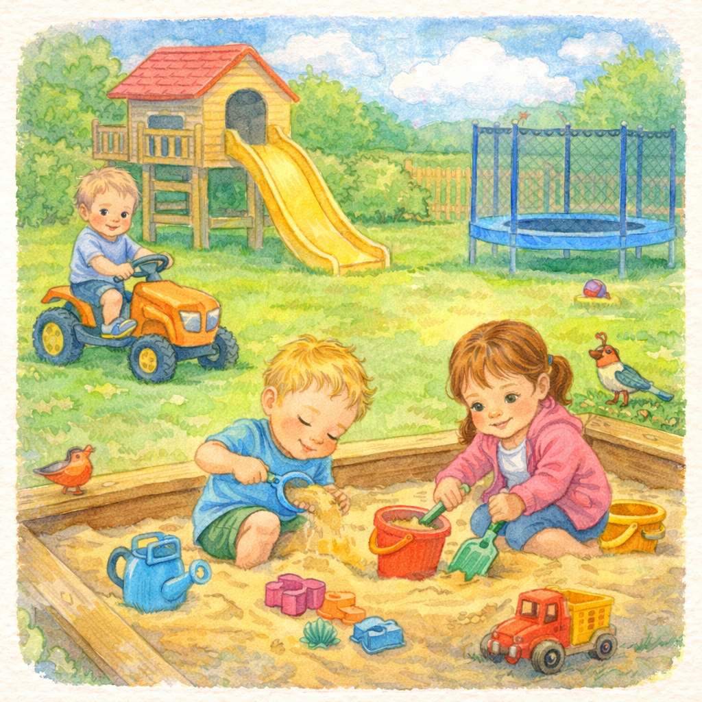 Spelen in de tuin met zandbak en speeltoestellen